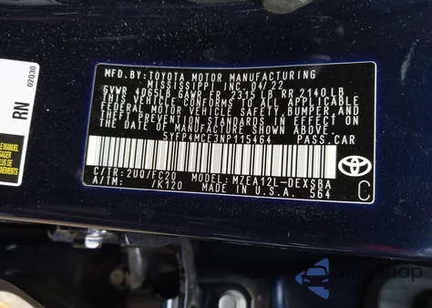 2022 Toyota Corolla Se from USA, damaged, VIN 5YFP4MCE3NP115464